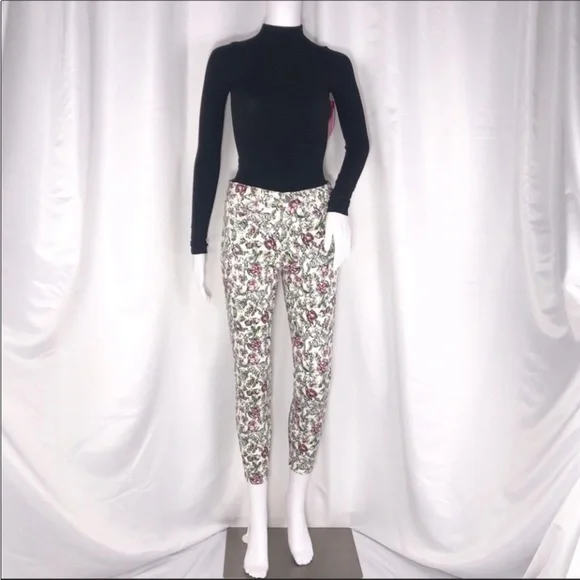L’Agence Cream Floral Print Margot Skinny Cropped Jeans Sz25 Zip Fly ButtonClose - Picture 6 of 16